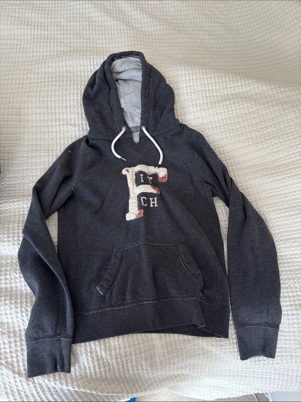 Abercrombie & Fitch Charcoal Gray Hooded Sweatshirt with White Drawstrings